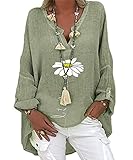 SYANO Damen Oversize Leinenbluse,Beiläufig Drucken Leinenhemd,V-Ausschnitt Sweatshirt Hemd Einfarbig Langarm Pullover Bluse Long Tail Top Oversized Sweatshirt Plus (08,L)