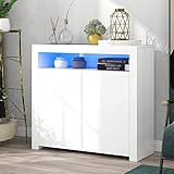 Badezimmer Schrank Sideboard - Sideboard Kommode Weiss Hochglanz Mit Led,mit 2 Türen Badschrank Aus MDF Weiß Wohnzimmer Küche,Holz Aufbewahrungsvitrine T