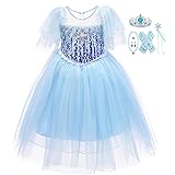 Mädchen-Prinzessinnen-Elsa-Pailletten-Kostüm, Netzrock, Rüschenärmel, Outfit für Kinder Gr. 7-8 Jahre, b