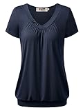 DJT Damen Basic V-Ausschnitt Kurzarm T-Shirt Falten Tops mit Knopf Dunkelblau 2XL