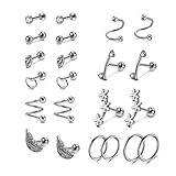 Sunligoo 22 Stück Ohrringe Set 16Ga Edelstahl Tragus Ring Helix Knorpel Stab Ohrstecker Creolen Spiralen Ohrknorpel Conch Piercing Schmuck für Lippen Nase O