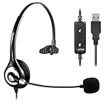 Wantek USB Headset Mono mit Noise Cancelling Mikrofon und Lautstärkeregler, PC Kopfhörer für Business Skype UC SoftPhone Call Center, Kristallklarem Chat, Superleicht, Ultra Komfort(UC600)