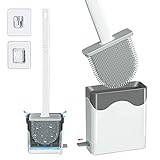 Silikon Toilettenbürste, WC Bürste Silikon-Set für Badezimmer, Klobürste Silikon Wandmontage ohne Bohren, Rutschfester Langer Griff, Schnelltrocknender (Weiß)