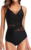 EUDOLAH Damen Badeanzug netzartiger Figurformender One Piece Bademode (Medium, A-A-Schwarz)