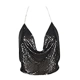 Damen Sling Metall Pailletten Rückenfrei Bluse Kissen Gürtel Verstellbare Boho Festival Clubbing Neckholder Top, Schwarz , Einheitsgröß