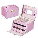 LJJ Schmuckkasten, Kosmetikkoffer mit 3 Ebenen, abschließbarer Schmuck-Organizer mit Spiegel, Herausnehmbare Reise-Box, für Ringe, Armbänder, Ohrringe,Pink