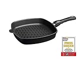 AMT Gastroguss Eckpfanne mit BBQ-Muster, 28 cm x 28 cm, 5 cm hoch, abnehmbarer Stiel, Aluminiumguss, Lotan® Antihaft-Beschichtung für fettfreies Braten, induktionsgeeignet, AMZN-I-E285BBQ-Z20B