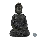Relaxdays Buddha Figur sitzend 18cm, Dekofigur für Wohnzimmer und Bad, feuchtigkeitsresistent, Kunststein, dunkelg