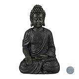 Relaxdays Buddha Figur sitzend 18cm, Dekofigur für Wohnzimmer und Bad, feuchtigkeitsresistent, Kunststein, dunkelg