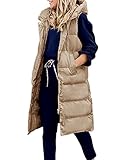 ORANDESIGNE Daunenweste Damen Lang Wintermantel Vest mit Kapuze Weste Mantel Ärmellose Warmer Daunenmantel mit Taschen Steppweste Damen Daunenjacke Steppjacke Outdoor B Khaki S