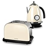 Klarstein Aquavita Retro Frühstücksset Wasserkocher + Toaster (Wasserkocher mit 1,7 Liter, 2200 Watt, 2-Scheiben-Toaster 1000 Watt, Auftau- und Aufwärm-Funktion, Edelstahl)