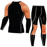 Herren Elastisch Zweiteiliges Set Casual Fitness T-Shirt Schnell Trocknend Oberteile Hosen Anzug Casual Mode Sportanzüge, Orange, XL