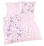 STERNE Fein Biber Mädchen Bettwäsche · Kinderbettwäsche ☆ STARS Sterne & Sternchen in Rosa Lila Grau - Kissenbezug 80x80 + Bettbezug 135x200 cm - 100% Baumwolle - Jugend-Bettw