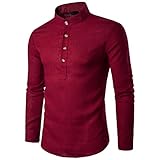 Zarupeng Herren Langarm Shirt, Einfarbig Slim Fit Poloshirt, T-Shirts aus Leinen und Baumwoll, Stehkragen Hemd Oberteile Pullover (XL, Rot)