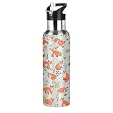 Animal Fox Wasserflasche mit Strohhalm-Deckel, niedliche Fuchs-Blume, vakuumisolierte Edelstahlflasche, hält heiß und kalt, Thermoflasche für Sport, Fitnessstudio, Schule, 590