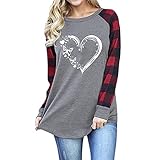 Damen T Shirt Langarm Freizeit Patchwork Sweatshirts Mode Herz Drucken Langarmshirt Herbst Ob