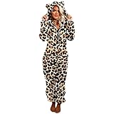 MEITING Jumpsuit Damen Fleece Einteiler Overall Anzug Frauen Dicker Plüsch Schlafanzug mit Bärenohr Hut, Flauschig Weich Warm Langarm Onesie-Pyjama Reißverschluss Nachtwäsche für Herbst W