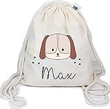 Manilu Turnbeutel mit Tiertmotiv und Wunschnamen aus Bio-Baumwolle | Naturfarben | Rucksack | Sportbeutel | Wäschebeutel | Kinder | Geschenk (Hund)