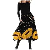 NUSGEAR Frauen Casual Langarm O-Ausschnitt Floral Printed Patchwork Kleid Winterkleid Damen Langarm Freizeitkleid Sexy V Ausschnitt Partykleid Elegant Abendkleid Casual Cocktail Party Minik