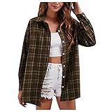 Damen Plaid Hemdjacke Damen Langarm Knopfleiste Flanell Kariert Bluse Tops mit Taschen Wollmischung Baggy Revers Kariert Flanell Shackets, braun, 95