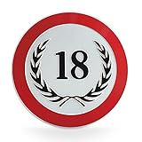 signodoo® 18-jähriges Geburtstags- oder Jubiläumsschild mit schwarzem Lorbeerkranz | Aluminium, geprägt | Größe: Ø 20,0 cm | Geburtstagsgeschenk
