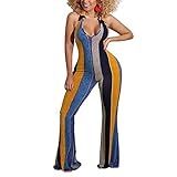 Qtinghua Damen Slim Fit Einteiler Bodycon Jumpsuit Sexy Streifen Gebunden Neckholder Ärmellos Rückenfrei Ausgestellte Hosen Strampler, Orange, L