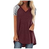MOMONIHAO Damen Casual Shirt V-Ausschnitt Kurzarm Oberteil Leopard Spleißen Lockere Tunika Bluse Tops (Wein,3XL)