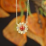 ZhaoZZ Carnelian Crystal Necklace, Geschenke FüR Freundin, Sonne Chrysantheme Blütenblatt Halskette, Südlicher Roter Achat Halskette, 925 Silber Einfacher Damen Anhänger, Hetian Jade Krag