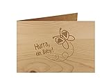 Holzgrußkarte - Taufe, Baby, Geburt - 100% handmade in Österreich - Postkarte Glückwunschkarte Geschenkkarte Grußkarte Klappkarte Karte Einladung, Motiv:HURRA EIN BABY | Zirb