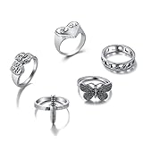 XIAN 5/6 Stück Silber Fingerringe Set Vintage Stapelbare Ringe Schmetterling Gesicht Blume Herz Ring Gothic für Valentinstag Schwarz Herz für Sie und I