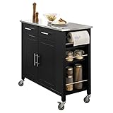 SoBuy FKW108-SCH Design Küchenwagen mit Edelstahlplatte Kücheninsel mit Seitenregal Küchenschrank Rollwagen Sideboard auf Rollen Küchentrolley Servierwagen Schwarz BHT ca.: 107x94x46
