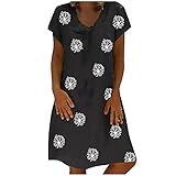 Damen Midi-Kleid Plus Size Polka Floral Printed V-Ausschnitt Kurzarm Kleid Lose Knielang Casual Sommerkleid, Schwarz , XXXXL