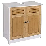 eSituro SBP0048 Waschbeckenunterschrank Badschrank mit Siphonausschnitt Waschtischschrank Badzimmerschrank Badregal Stehschrank Aufbewahrungsschrank verstellbare Ebene aus MDF Weiß Natur Bamb