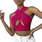 Onsoyours Damen Tank Top Ausschnitt Neckholder Criss Cross Cut Out Weste Crop Top Bandage Backless Cami Weste Camisole Y2K Streetwear B Rosa L