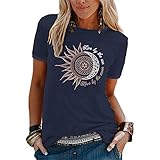 Damen Tshirt Kurzarm Muster Sonne Mond Bedruckt Kurzarm Bluse Rundhals Basic Mit Print Sommer Tee Shirt Frauen Motive Freizeit Locker Lässig Tshirt Oberteil Shirt Damenshirt Sw