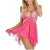 Lazzboy Dessous Für Frauen Frontverschluss Babydoll Lace V Neck Mesh Nachtwäsche Damen Reizwäsche Korsett Minikleid Negligee Lingerie Set Split Ouvert(Wassermelonenrot,XL)