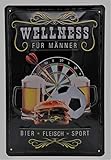 Männer Wellness Blechschild, Fussball, Dart, Bier und Burger Motiv, Lustiger Spruch, Barschild, geprägtes Blechschild 30 x 20 cm, Wanddekoration, Kü