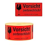 MDlabels Warnetiketten auf rolle 100x50mm – 500 – Vorsicht zerbrechlich! Handle with care – Fragile Attention Versandaufkleber – Bruchgefahr – neon leuchtrot – Paketaufkleb