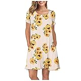 Blumenkleid Damen Boho Freizeitkleider Tunika Casual Kleider Damen Sommer Ärmelloses Rundhals Minikleid Sonnenblume Retro Style Print Chiffon Kleid A Linie Cocktailkleid Party Kleid Strandk