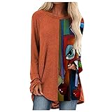 RMBLYfeiye Vintage T-Shirt Damen Pullover Tunika Top Retro Mittlere Länge Langarmshirt Stretch Bluse Blumenmuster Tops Rundhals Stil der Ölmalerei Oberteile Lose Shirt C