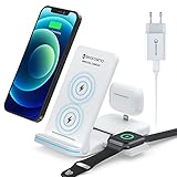 seacsomo Kabelloses Ladegerät, 3 in 1 Kabellose Ladestation Kompatibel mit iWatch 5/4/3/2 und Airpods, QI Schnellladestation für iPhone 12/SE/11/XR/X/8/Plus, Samsung S20FE/S21 Alles Qi-fähige T