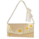 zyy Rattangeflecht Beutel, Generika Frauen Strohgeldbeutel Und Handtaschen Sommer-Strand-Umhängetasche Tasche Strandtasche Handtasche Mit Blumenschmuck,Beig