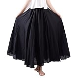FEOYA Damen Maxirock Baumwolle Leinen Rock Elastische Taille Rock Plissee Retro Langrock Faltenrock Sommerrock Strand Festlich F