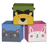 SONGMICS Aufbewahrungsboxen, 3er Set, Faltboxen, Stoffboxen je mit 2 Griffen, Aufbewahrungskisten, 30 x 30 x 30 cm, für Kinderzimmer, Spielzimmer, Tier-Motiv, blau-grün-rosa RFB075P01