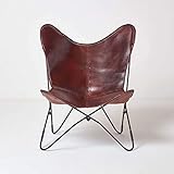 Homescapes Schmetterlingsstuhl, Schmetterlingssessel aus Leder, Butterfly-Sessel in Dunkelbraun, Lederstuhl aus Echtleder, Ledersessel, Ledermöbel, Stuhl aus Leder, Leder-S