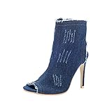 Denim-blaue Oberschenkelhohe Stiefel für Damen, Sommer, Peep-Toe, Stiletto-Absatz, modische Jeans, Overknee-Stiefel, Dunkelblau-wadenhoch, 38 EU