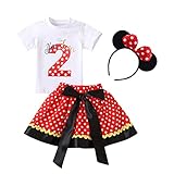 FYMNSI Baby Kleinkinder Mädchen 2. Zweiter Geburtstag Outfit Sommer Kurzarm Top T Shirt + Retro Gepunktet Rock + Ohr Stirnband 3tlg Bekleidungsset Rot 2 J