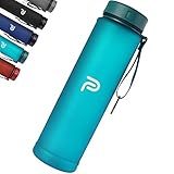 PLAUSO Trinkflasche 1l - auslaufsichere Trinkflasche - BPA frei - Zeitmarkierung - Kohlensäure geeignet |Tritan 1000ml Wasserflasche für Sport, Fitness, Büro (Peacock Blue)