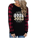 Damen Casual Rundhalsausschnitt Frohes Neues Jahr 2022 Plaid Langarm Tops Pullover Bluse T-Shirt Tops Weiches gemütliches Sweatshirt Tops für D