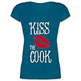 Küche - Kiss The Cook - L - Türkis - Kurzarm - XO1525 - Damen T-Shirt mit V
